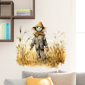 Watercolor scarecrow wall decal standing in golden wheat field for modern living room decor