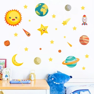 Glow in the dark solar system wall decals featuring planets and rockets for nursery