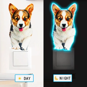 Luminous Corgi wall sticker showing day and night glowing effect for light switch decor