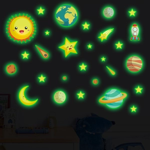 Glow-in-the-dark solar system wall stickers with planets and rockets for kids' rooms
