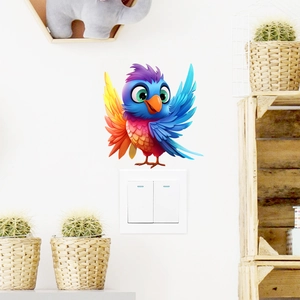 Vibrant cartoon parrot wall sticker applied above a light switch in a home setting