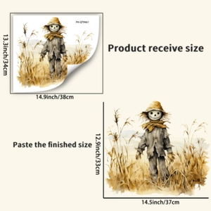 Detail view of harvest scarecrow wall sticker with layout and finished size dimensions