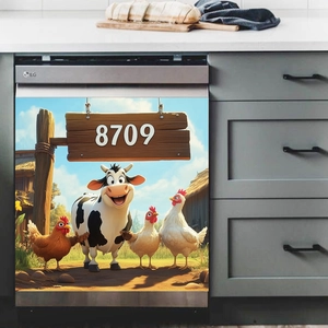 Detail of cartoon cow and chicken farm decal on a gray stainless steel dishwasher