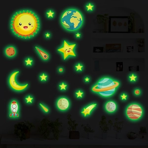 Luminous glow-in-the-dark wall stickers featuring planets and stars in a dark bedroom