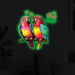 Luminous wall sticker showing glowing parrots on a branch with I Love You text detail