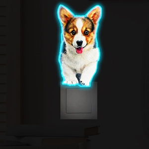 Close-up of a Corgi wall plug-in night light with a cyan neon glowing halo effect