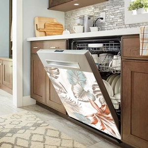 Detail of tropical monstera leaf decal applied on a modern dishwasher front panel