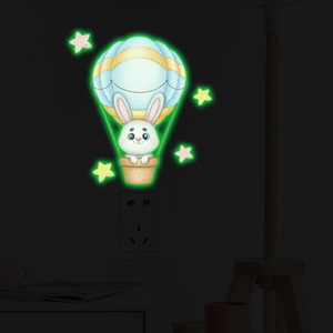 Sticker mural fluorescent avec lapin mignon en montgolfière pour chambre d'enfant