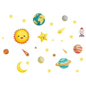 Luminous glow in the dark solar system wall stickers with cute cartoon planets and rocket