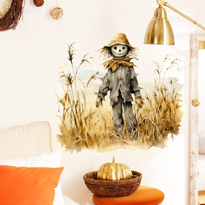 Watercolor harvest scarecrow wall decal for cozy autumn bedroom and living room decor