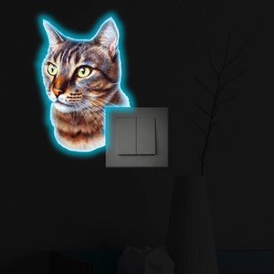 Luminous tabby cat sticker with neon blue glow on a light switch in a dark room