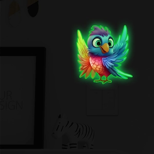 Close-up of luminous cartoon parrot wall sticker glowing in dark indoor room decor