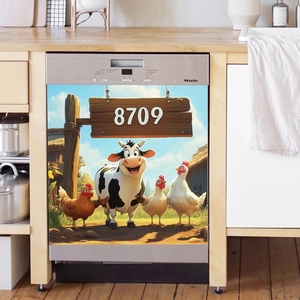 Detail of magnetic farm animal sticker with cow and rooster on a dishwasher panel