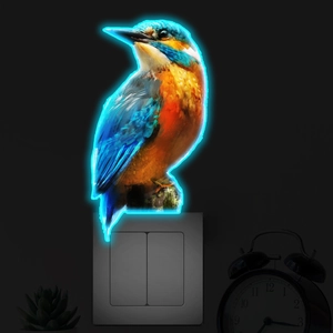 Glow-in-the-dark kingfisher wall sticker with blue neon outline above a light switch