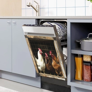 Detail showing farmhouse style magnetic dishwasher cover with rustic hen patterns