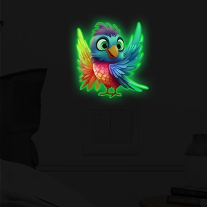 Detailed view of luminous glowing parrot wall sticker in dark bedroom setting