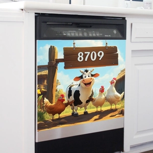 Close-up of a 3D cartoon farm cow and chicken decorative sticker on a black dishwasher