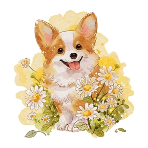 Sticker mural Corgi mignon avec marguerites à l'aquarelle pour décorer le salon
