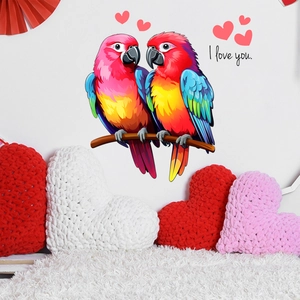Luminous wall stickers with colorful parrots, red hearts, and I Love You text detail