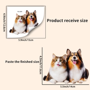 Detailed view of luminous cat and dog wall decals showing product and finished sizes