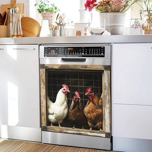 Detail view of farmhouse rooster magnetic stickers for dishwasher and kitchen decoration