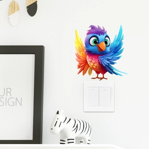 Detailed close-up of a colorful cartoon bird wall sticker on a white surface