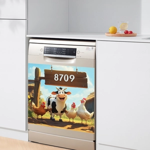 Detailed close-up of cartoon farm animal magnet sticker applied on a white dishwasher panel