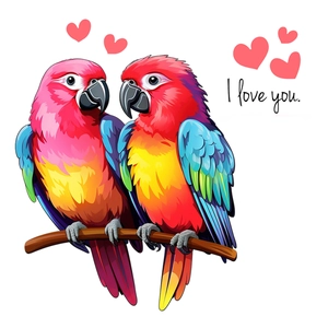 Vibrant colorful parrot wall stickers with red yellow blue feathers and I love you text
