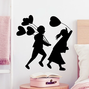 Sticker mural silhouette noire romantique avec enfants et ballons de cœur pour la chambre