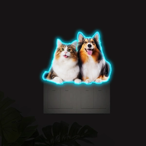 Glow in the dark wall sticker with realistic long-haired cat and dog in blue neon light