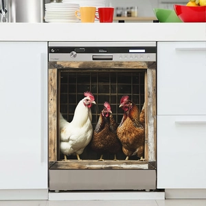 3D vintage farm dishwasher sticker featuring realistic roosters in a rustic wooden frame