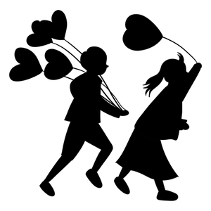 Sticker mural minimaliste avec silhouettes d'enfants et ballons de cœur pour la maison