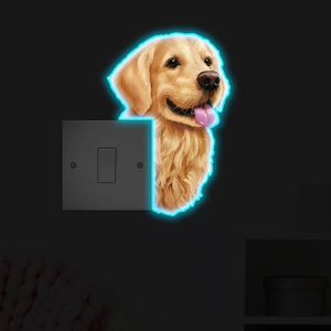 Glow-in-the-dark Golden Retriever wall sticker with neon blue light effect around a light switch