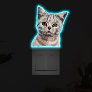 Luminous cat wall sticker with blue neon glow placed above a white light switch