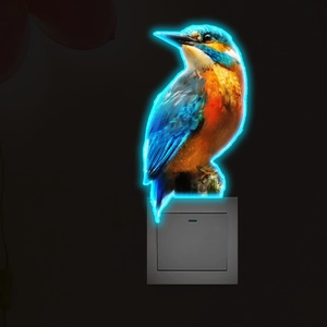 Luminous kingfisher wall sticker with neon glow effect over a light switch panel