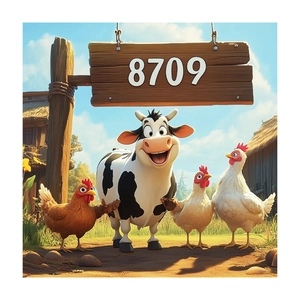 Vintage farm animal wall sticker featuring 3D cartoon cow and chickens in rural landscape