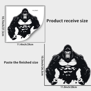Size guide for creative gorilla wall sticker showing layout and finished dimensions