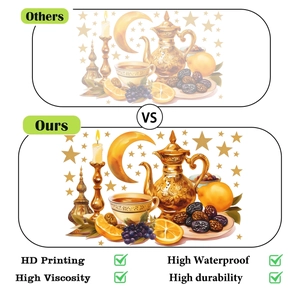 Detail of high-definition fruit and moon wall stickers showing waterproof golden printing
