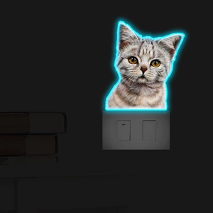 Detailed view of luminous realistic cat wall light glowing with blue LED backlight