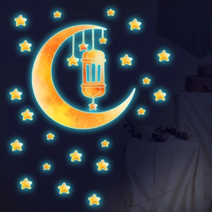 Luminous blue moon and stars wall stickers with traditional lantern for home decoration