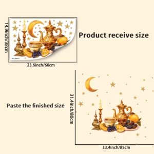 Detailed Ramadan wall sticker dimensions showing gold moon and stars decor layout