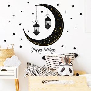 Wandtattoo mit schwarzem Mond, Sternen und Happy Holidays Schriftzug für Deko