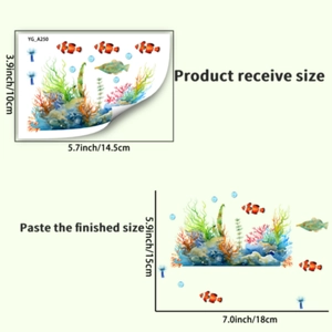 Detail showing clownfish wall decal layout and finished size in watercolor style