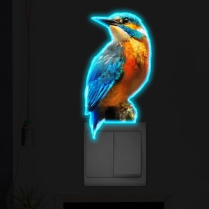 Glow-in-the-dark kingfisher wall sticker with ice blue LED neon light over light switch