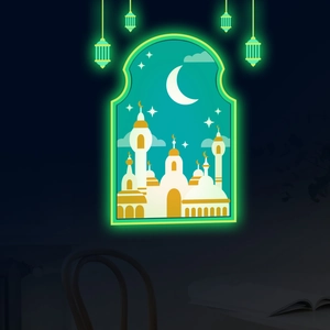 Luminous green mosque and moon wall sticker set with glowing hanging lanterns