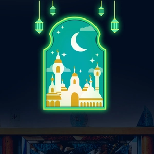 Luminous moon castle mosque wall sticker with glowing LED lantern decals for Ramadan decor