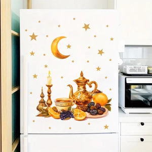Golden moon and stars wall stickers with Ramadan teapot and fruit on white fridge