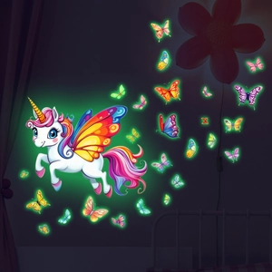 Leuchtende Einhorn Schmetterling Wandaufkleber Glow In The Dark Regenbogen Pegasus Wandtattoos Für Kinder Mädchen Zimmer Deko