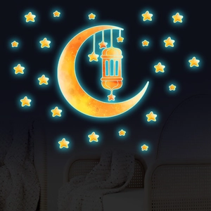 Luminous wall sticker set featuring a yellow crescent moon and stars glowing in the dark