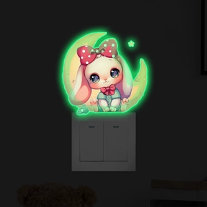 Glow in the dark bunny on moon sticker for light switch decor with green luminous effect